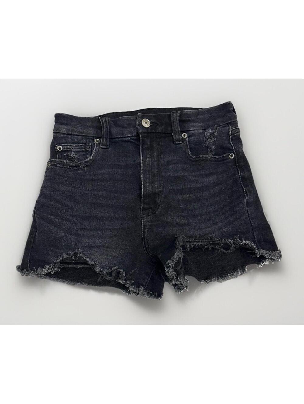 Women’s American Eagle Curve V Super Hi-Rise Shortie Distressed Black Size 2